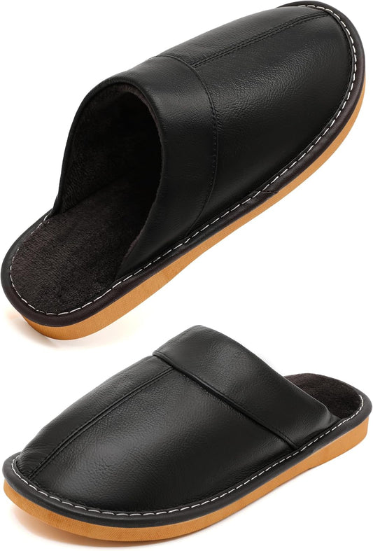Slippers for Women Men, Genuine Leather Slippers Indoor Outdoor, Fuzzy Bedroom House Shoes for Women Men, Plush Lining Womens Sandals Slip-on