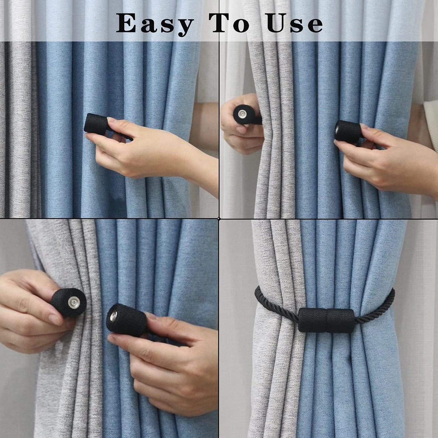 6 Pack Black Strong Magnetic Curtain Tiebacks Outdoor Elegant Decorative Tie Backs Modern Rope Tiebacks for Drapes Window Curtain Holdbacks for Draperies