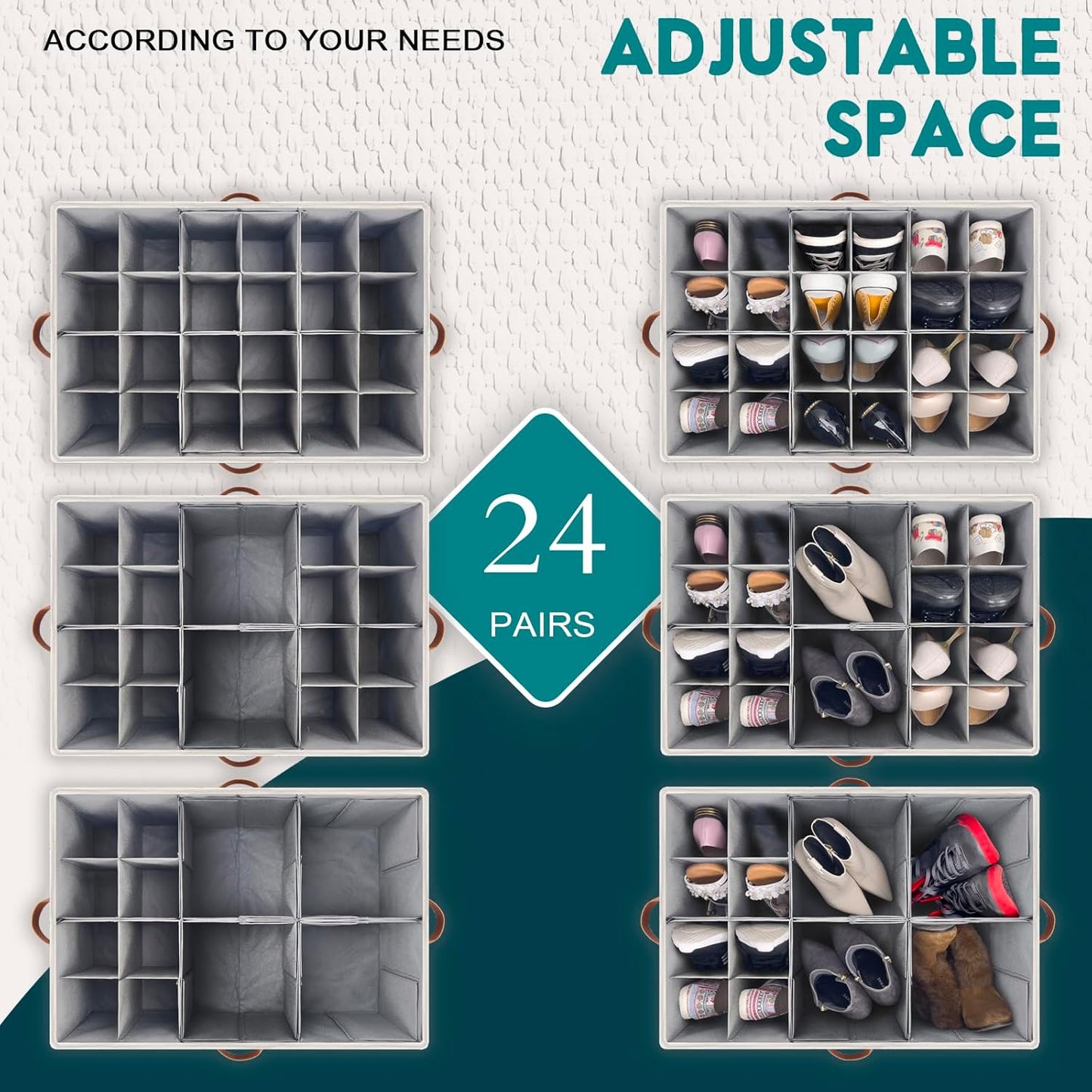 Shoe Organizer for Closet, Foldable Shoe Storage Bins with Clear Cover, Space Saving Shoes Holder with 4 Handles, Large Adjustable Shoe Box Storage Containers, Fits 12-24 Pairs, 1 Pack, Beige