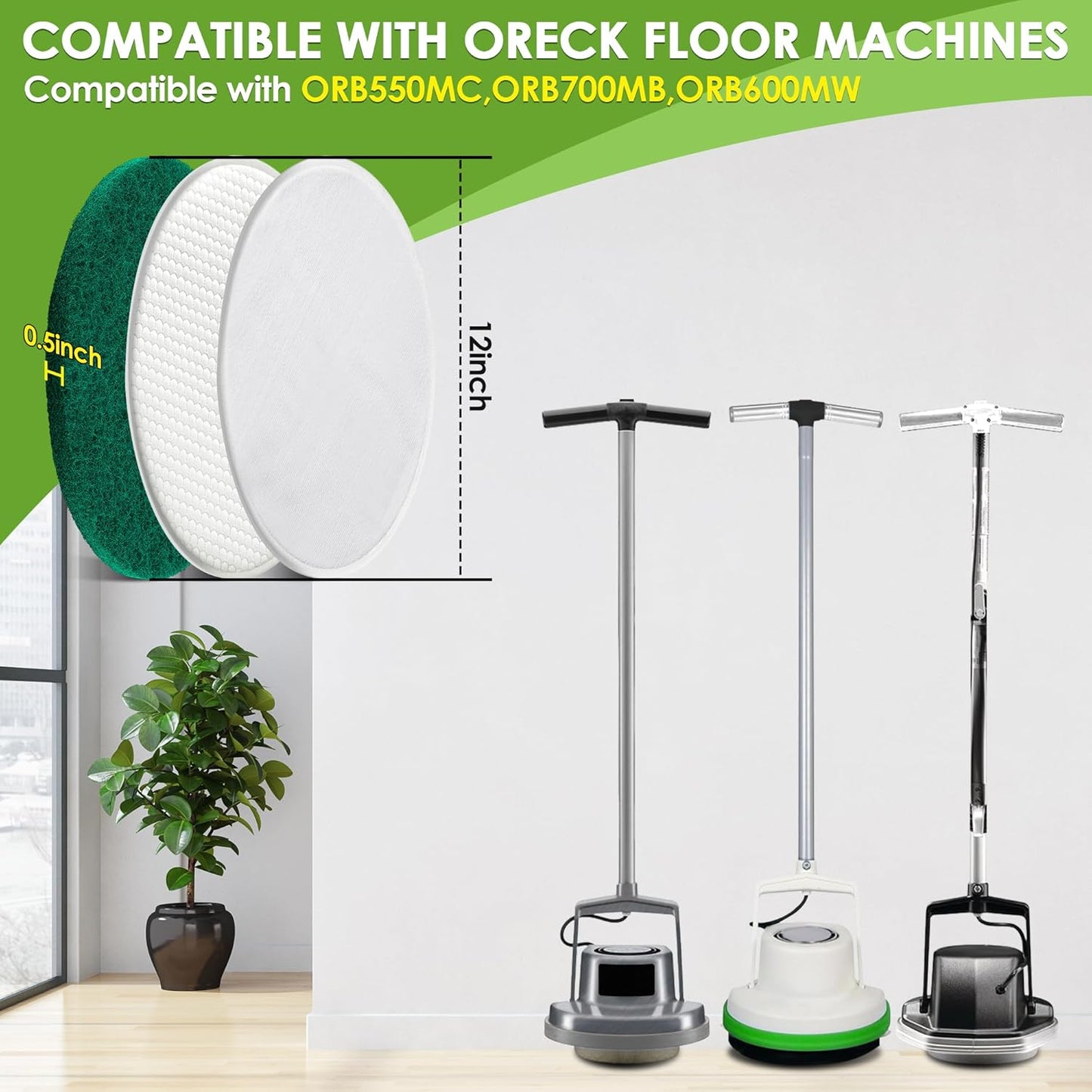 3 Pack 12" Floor Machine Pads Compatible with Oreck Commercial 550MC 437.056 Orbiter Scrubber Machine, Microfiber Carpet Bonnet, Floor Buffer Pad for Deep Cleaning (Stripper & Bonnet & Buffer)