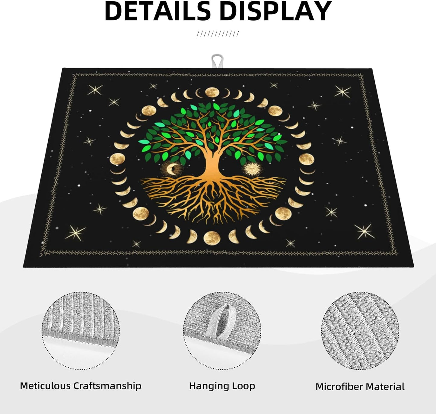 Black Microfiber Dish Drying Mat for Kitchen Counter 18"x24" Ancient Life Tree Decorative Dishes Pad Dish Drainer Rack Mats Absorbent Washable Reusable Moon Luna Hippy Decor