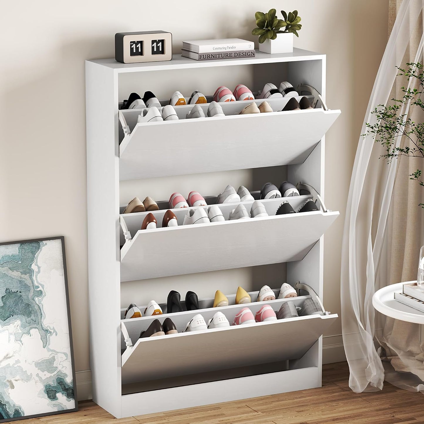 Shoe Cabinet with 3 Flip Drawers, Hidden Wood Shoe Cabinet,Freestanding Shoe Storage Cabinet for Entryway Hallway.White. 47.2" H*31.5" W*9.45" D.
