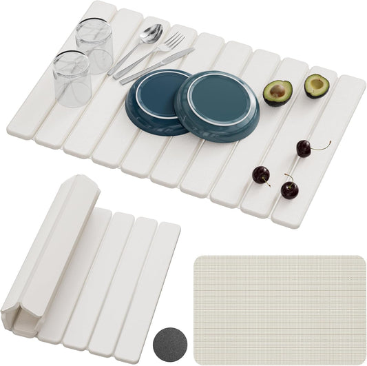 Large Stone Dish Drying Mats for Kitchen Counter – Foldable Quick Dry Stone Mat with Non-Slip Pad & Sandpaper, Super Absorbent Diatomaceous Earth Mat for Dishes and Cups(White 23.5"x15.5")