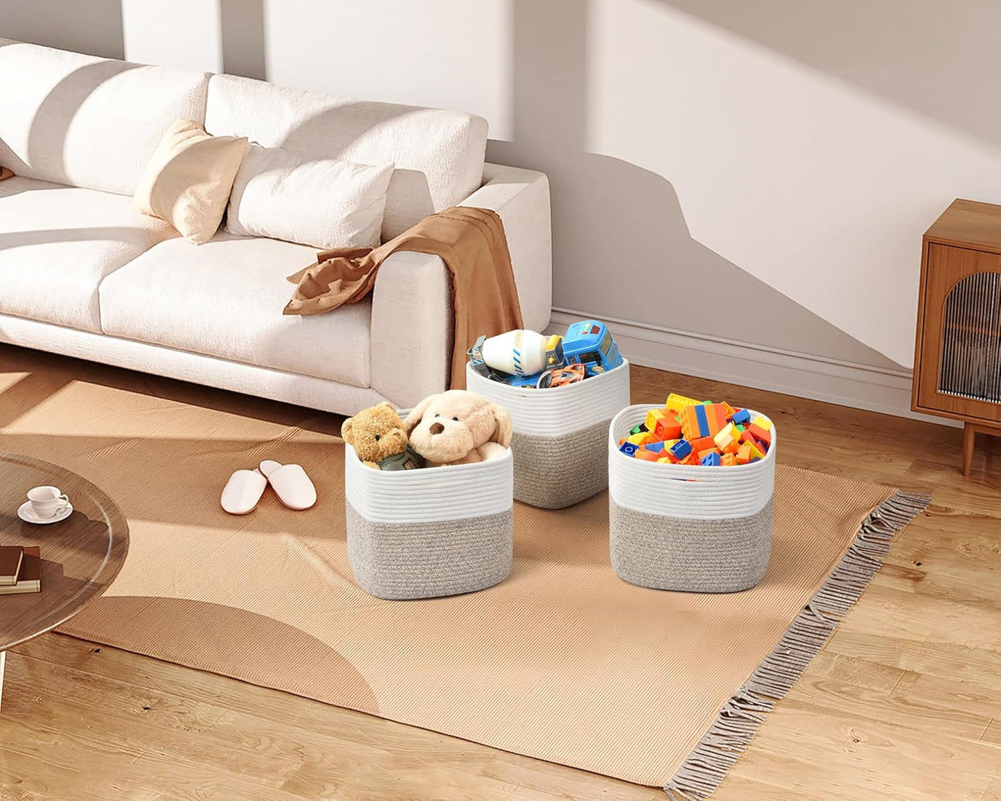 3 Pack Storage Cubes 11 Inch Cotton Rope Woven Baskets for Organizing Cube Bin Square Shelves Organizer,Classroom,Kids Toy Bins,Closet,Baby Nursery(Brown)