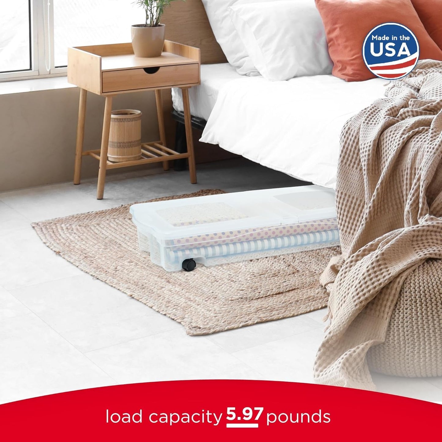 Rubbermaid 70 Quart Under the Bed Low Profile Storage Boxes with Dual Hinged Lids and Easy Rolling Caster Wheels, Clear, 2 Pack