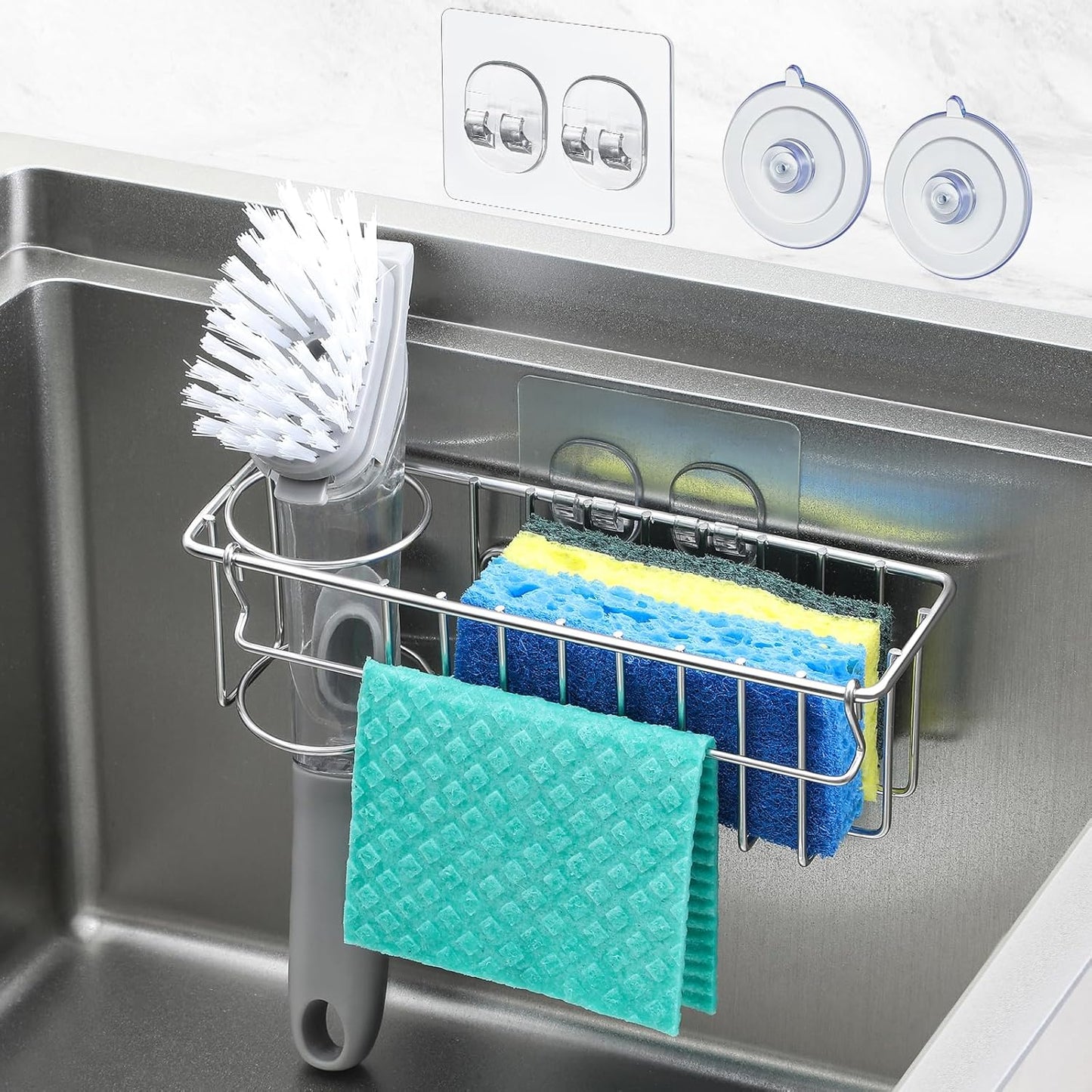 3-In-1 Sponge Holder for Kitchen Sink with Suction Cups & Adhesive Hook, In-sink Sponge Holder, Wall Hanging Sink Caddy Organizer Rack - Sponge, Dish Cloth, Brush, Scrubber - 304 Stainless Steel