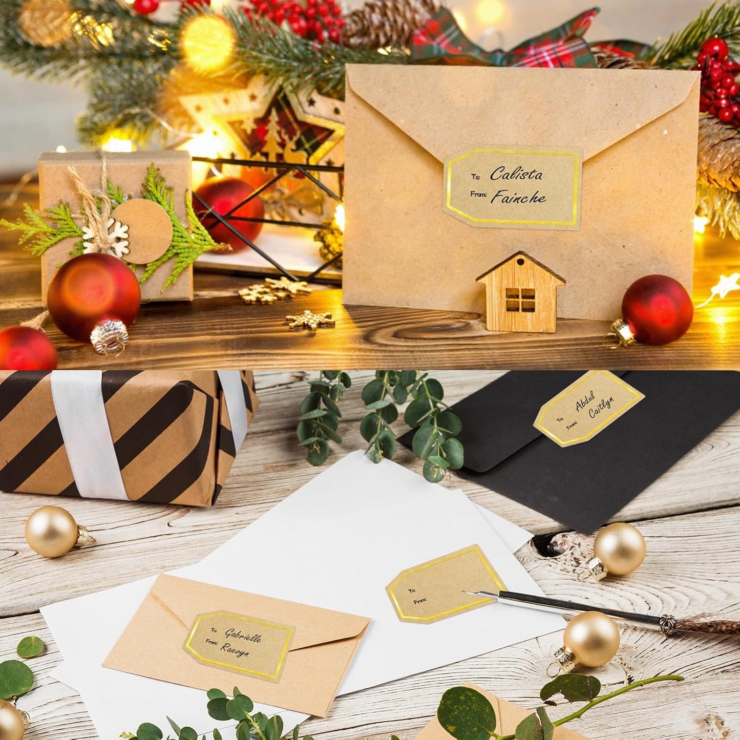 600PCS Gift Tag Stickers, 1.18" x 2" Gold Border Christmas Gift Tags Stickers, Brown Kraft to and from Gifts Labels Self Adhesive Christmas Labels Holiday Present Label, Perforated line Design
