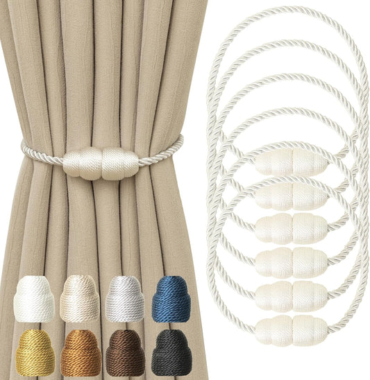 Magnetic Curtain Tiebacks - Rope Tie Backs for Curtains & Drapes - Decorative Window Holdbacks (6 Pack, White)