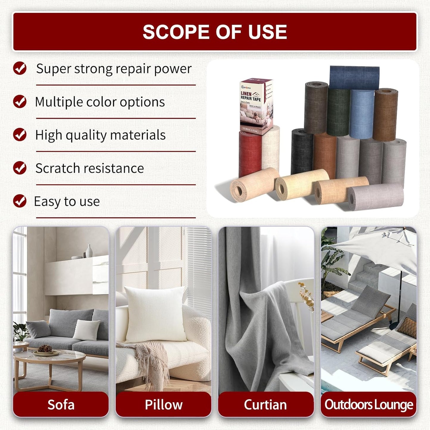 Linen Repair Tape 4x79 inch, Self Adhesive Fabric Patches, Linen Patch Tape Kit, Fabric Repair Tape for Couch Sofas, Headboards, Chairs, Pillows, Curtains, Couches - White