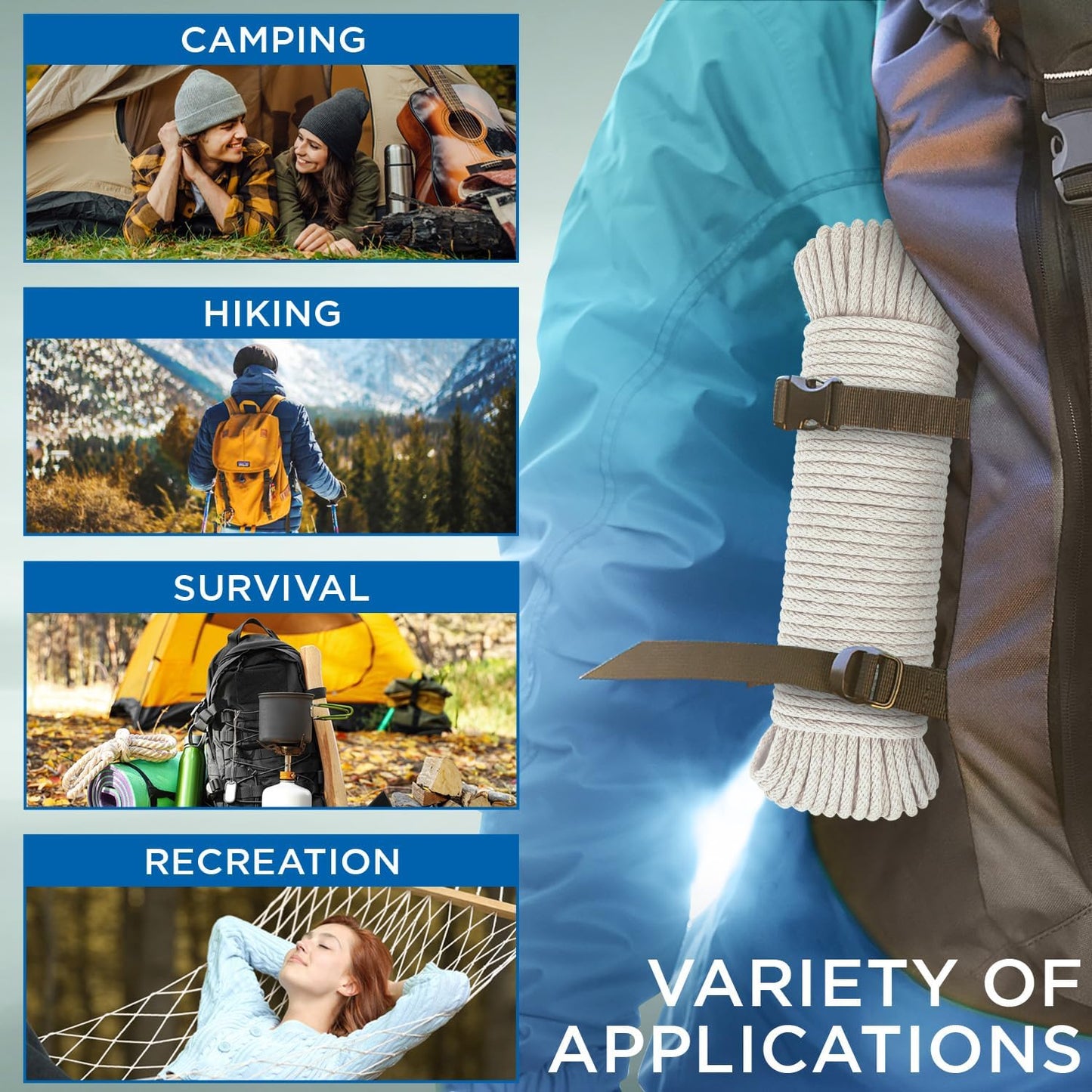 TECEUM 500lb Cotton Rope 3/16” (5 mm) – 100 FT – Strong All-Purpose Braided Rope – Natural Cotton – for Crafting, Сamping, Clothes Line, DIY, Indoor & Outdoor Use – Natural