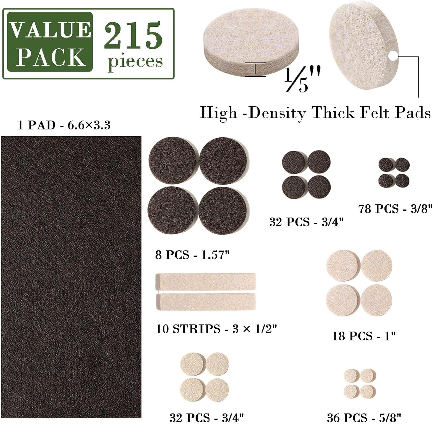 Fursafe&Q Felt Furniture Pads, Furniture Felt Pads for Hardwood Floors -Self Adhesive Chair Leg Floor Protectors, Protect Your Floors from Nicks, Bumps and Scratch, 215 Pcs Brown Beige Chair Feet