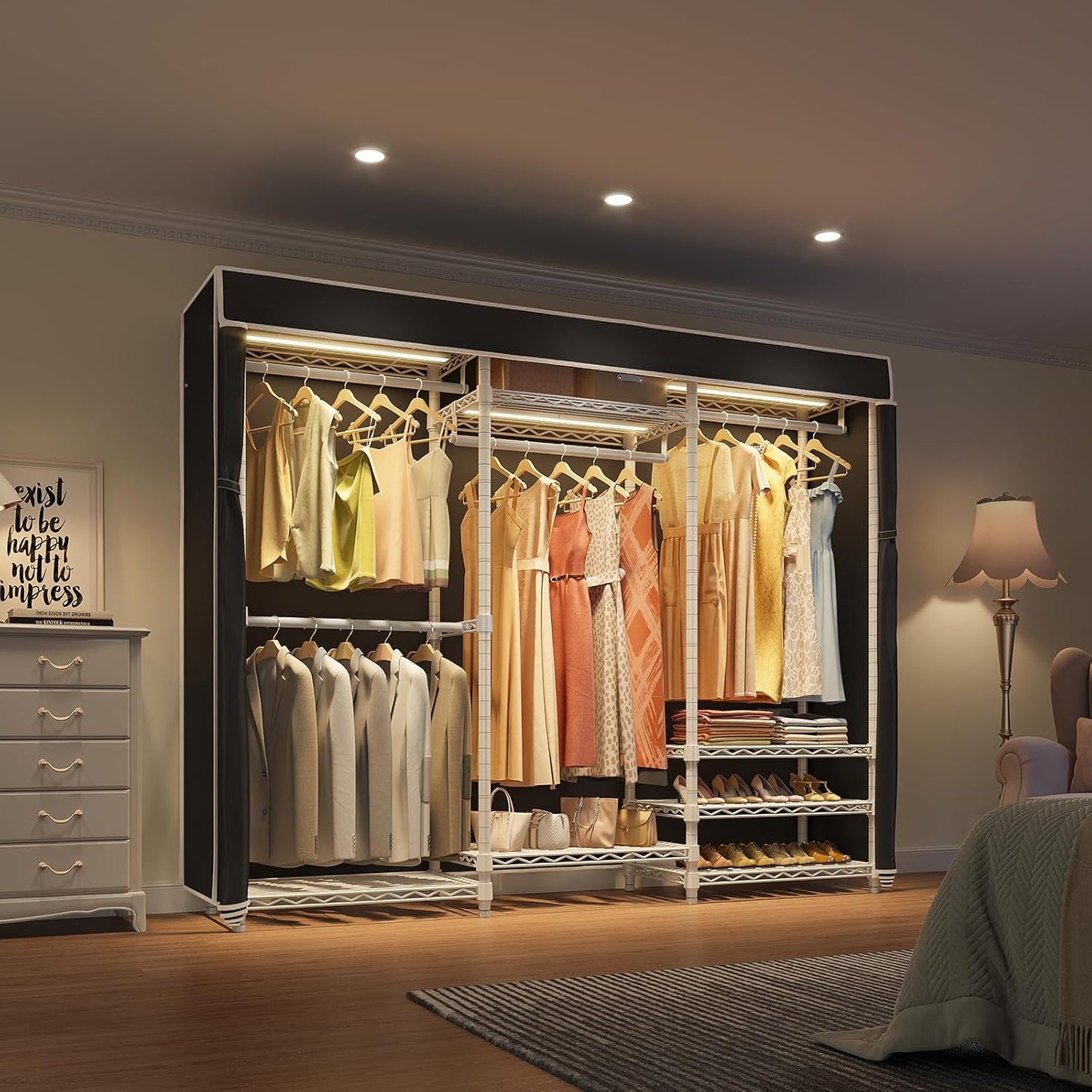 VIPEK V5LC Garment Rack Heavy Duty Covered Clothes Racks with Dimmable LED Light, 3000K Warm White, Portable Closet Wardrobe Freestanding Clothing Rack for Hanging Clothes, White Rack with Black Cover