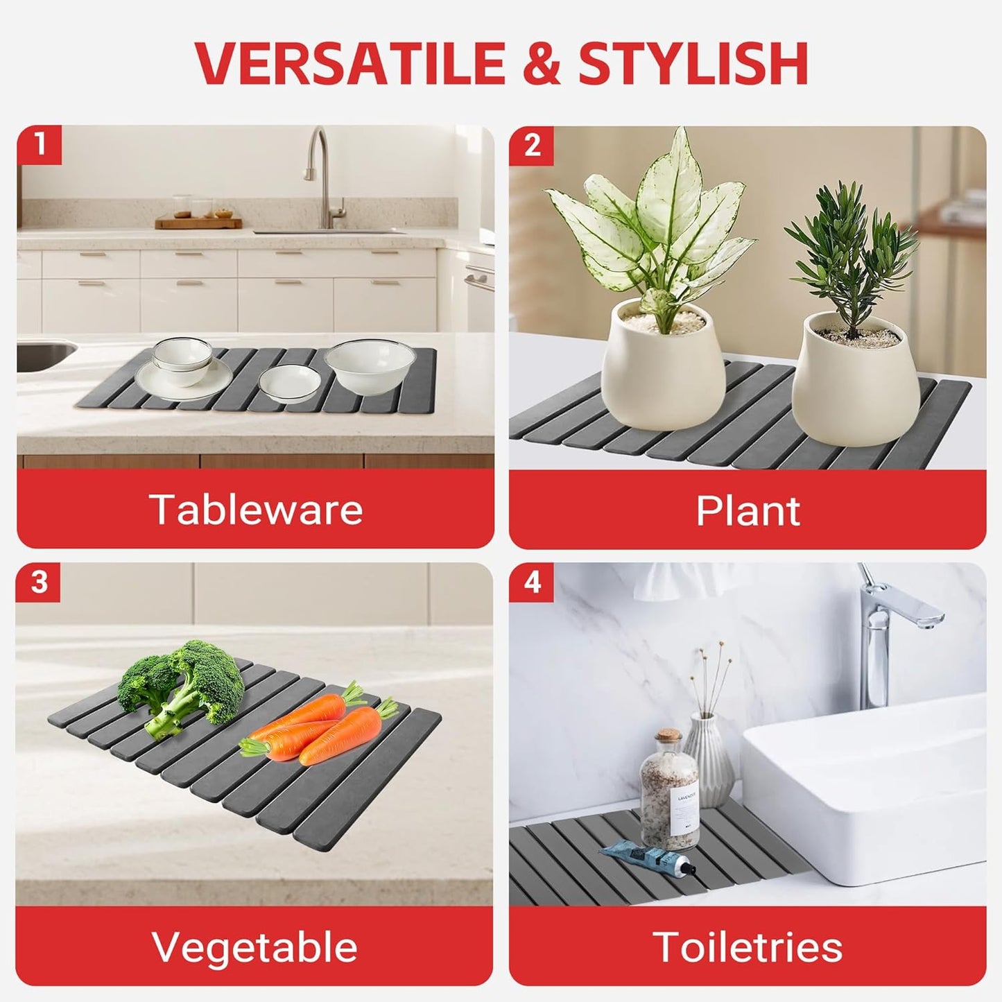 Stone Drying Mat For Kitchen Counter 24"x16" Foldable Super Absorbent Non-Slip Diatomaceous Earth Quick Dry Mat Matches Any Countertop