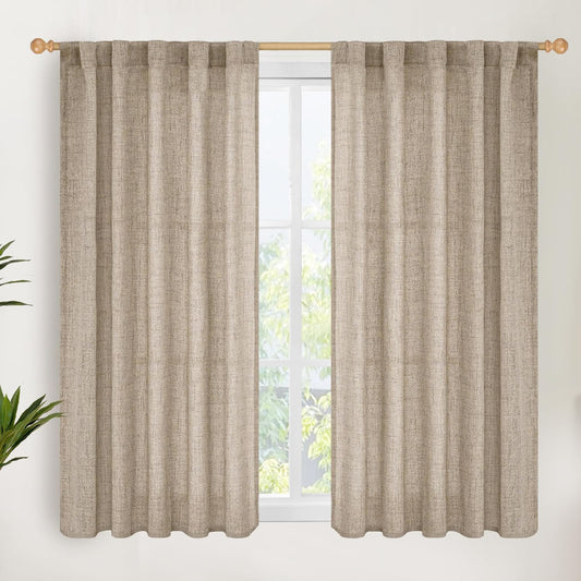 YoungsTex Dark Oatmeal Linen Curtains 48 Inch Length for Short Kitchen Window, Textured Semi Sheer Drapes Light Filtering with Rod Pocket Back Tab for Bathroom Living Room, 2 Panels, 42 X 48 Inch