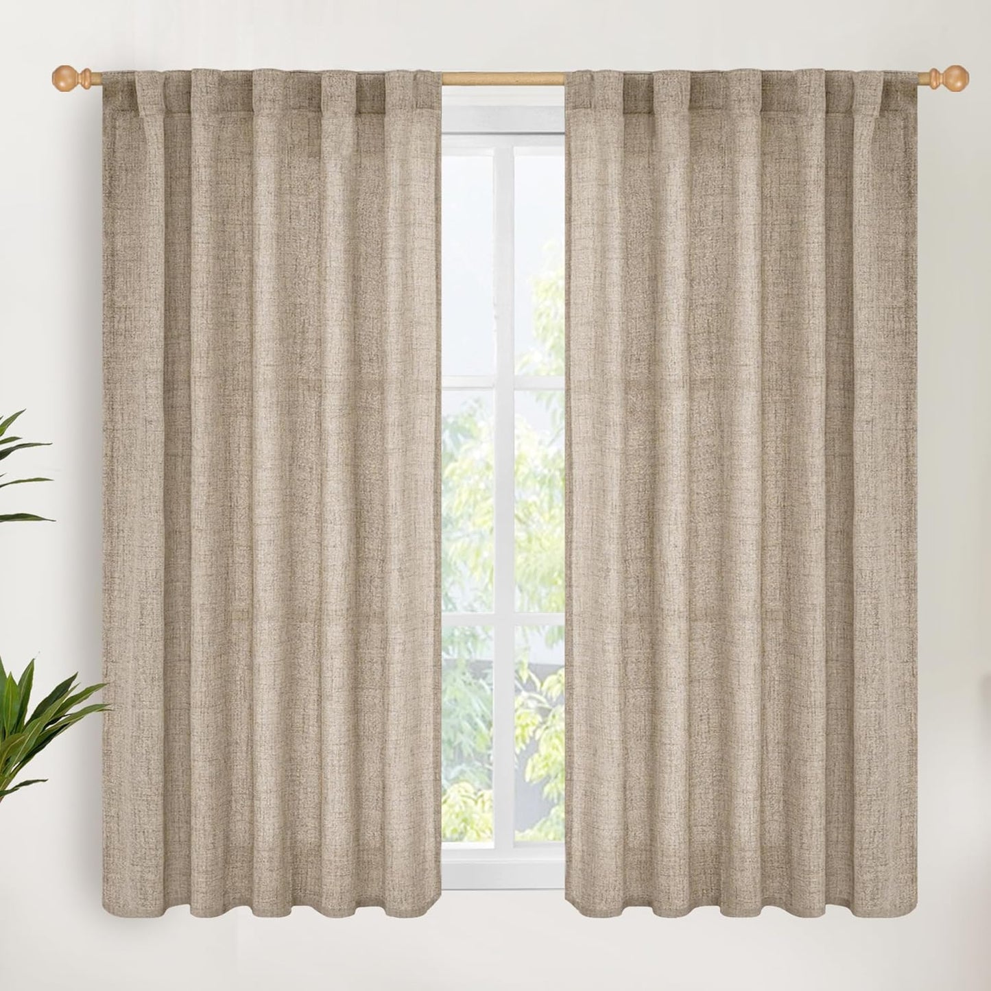 YoungsTex Dark Oatmeal Linen Curtains 45 Inch Length for Short Window, Tan Semi Sheer Drapes with Rod Pocket Back Tab Textured Light Filtering for Bathroom Bedroom, 2 Panels, 42 X 45 Inch
