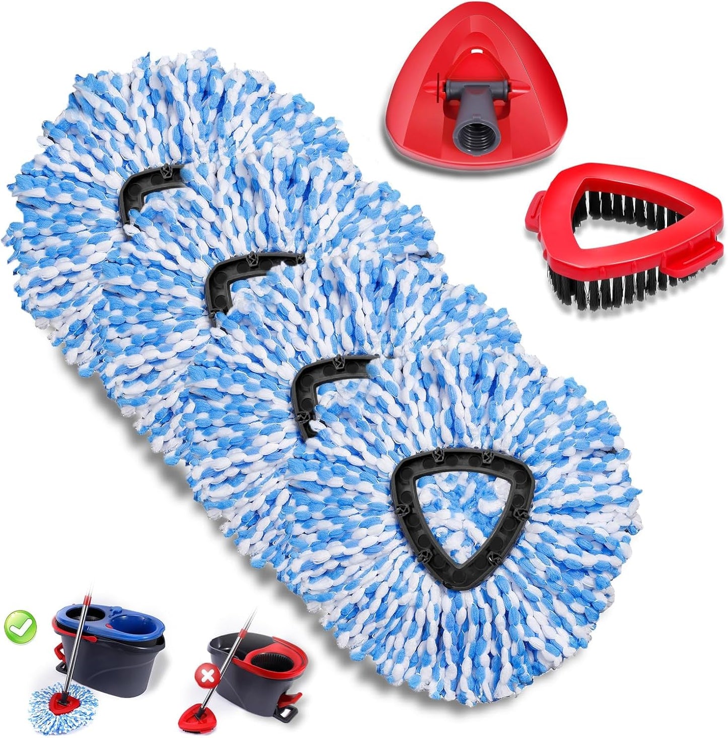 4 Pcs Mop Replace Heads & 1 Scrub Brush & 1 Base Combo for Ocedar Easywring 2-Tank System Microfiber Spin Mop Replacement Head,Machine Washable for Bathroom,Kitchen,Tub and Tile(Blue)