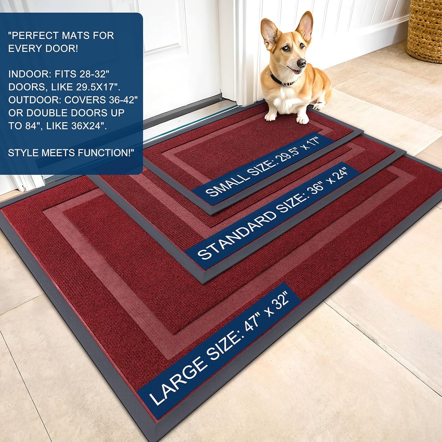 OLANLY Front Door Mat Indoor Outdoor Entrance, Waterproof All-Season, All-Weather Doormat, Sturdy Natural Rubber, Fade Resistant, Low Profile, Easy Clean Patio Porch Entryway Mat, 29.5x17, Wine Red