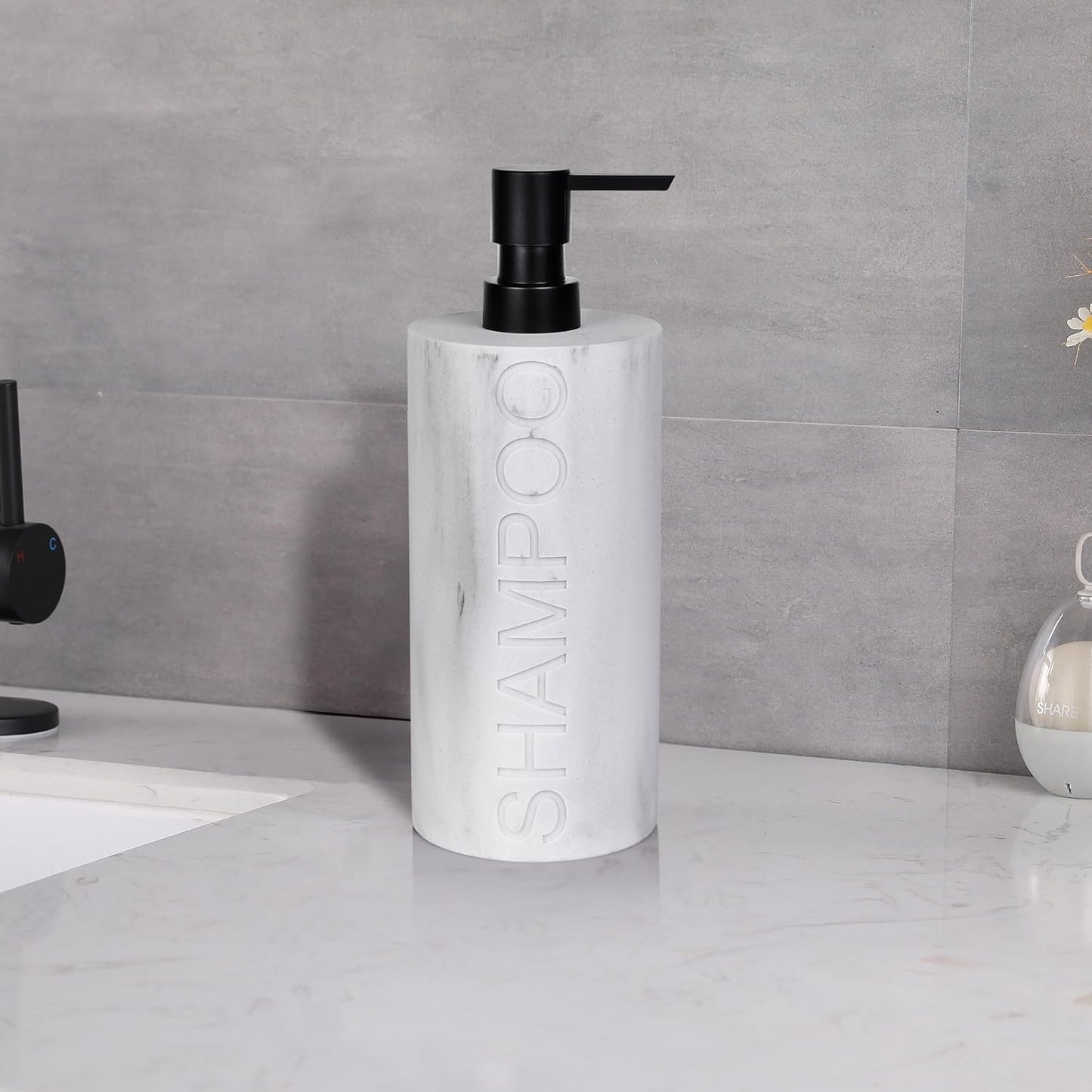 Matte White Shampoo Dispenser Modern Refillable Pump Bottle with Embossed Text, Durable Resin Construction for Bathroom and Kitchen