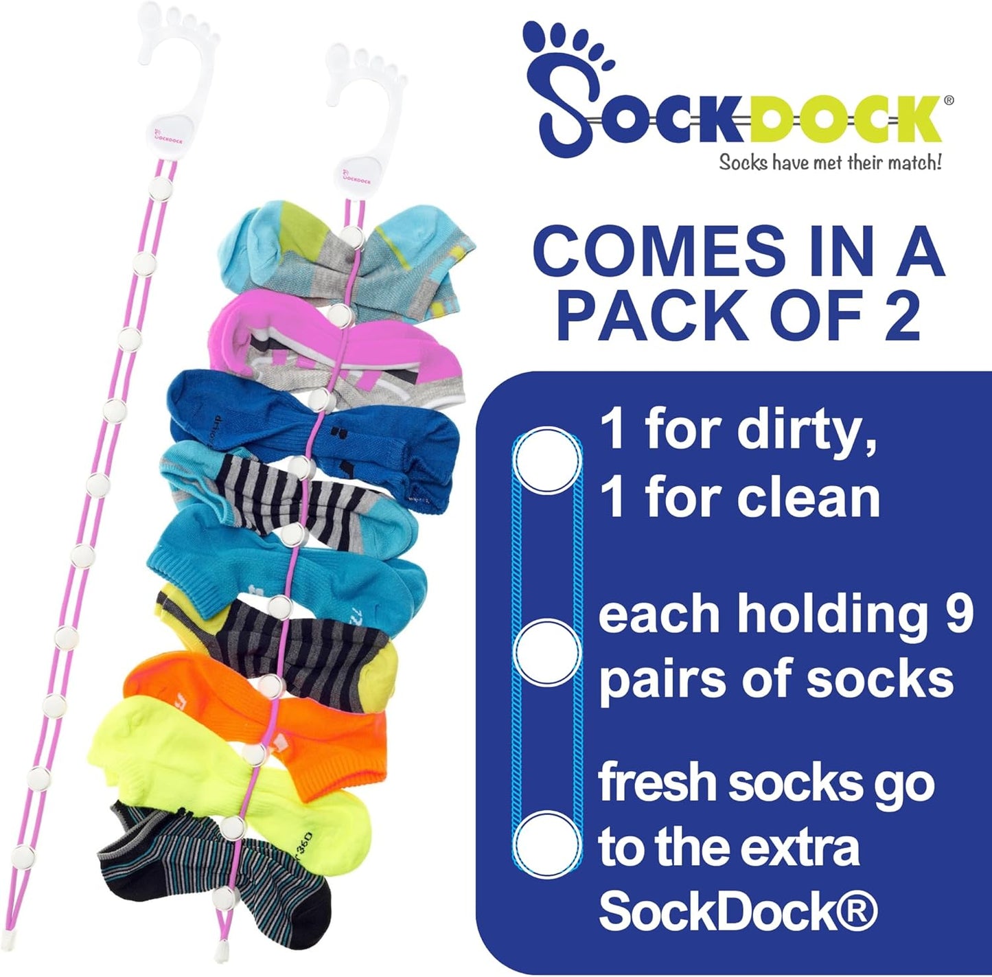 Sock Laundry Solution for Washing Drying & Storing Socks in Pairs, Clip & Hold Socks in Washer Dryer & Closet 2-Pack