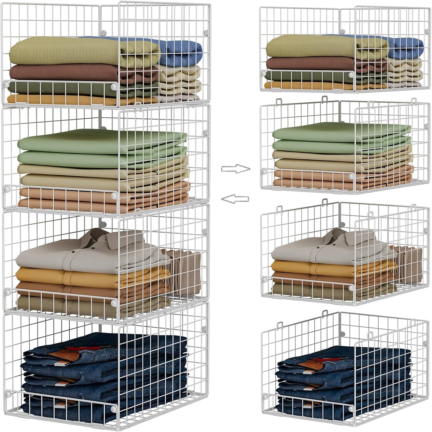 Stackable Closet Organizers and Storage - 4-Tier Stackable Storage Bins, Foldable Closet Shelf Organizer Basket, Clothes Organizers and Storage Shelves for Home Bedroom Closet Organizer System