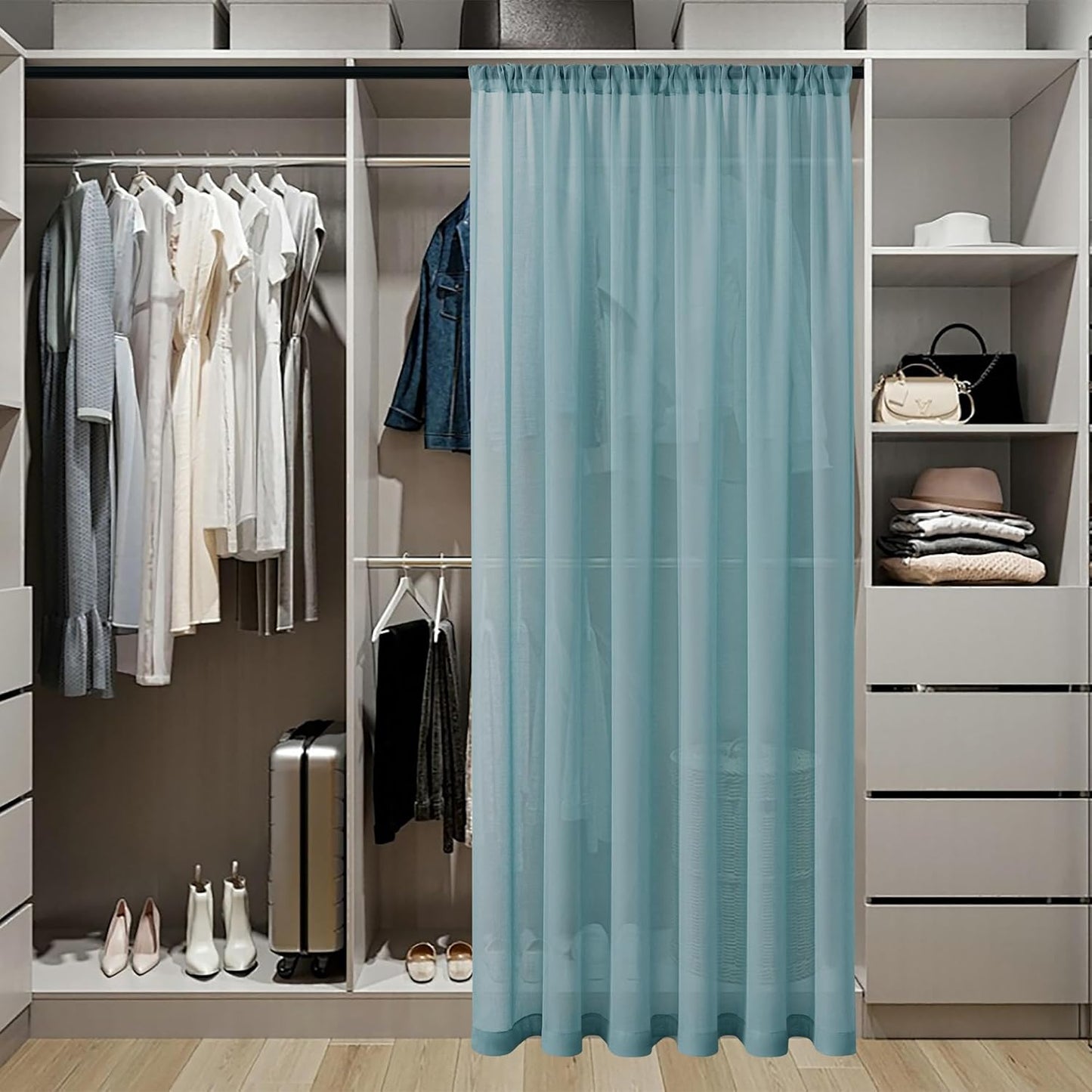 Tollpiz Sheer Door Curtains Closet Linen Textured Curtain Sheers Doorway Light Filtering Voile Patio Door Rod Pocket Curtains French Door, 54 x 80 inches Long, Dusty Blue, Set of 1 Panel