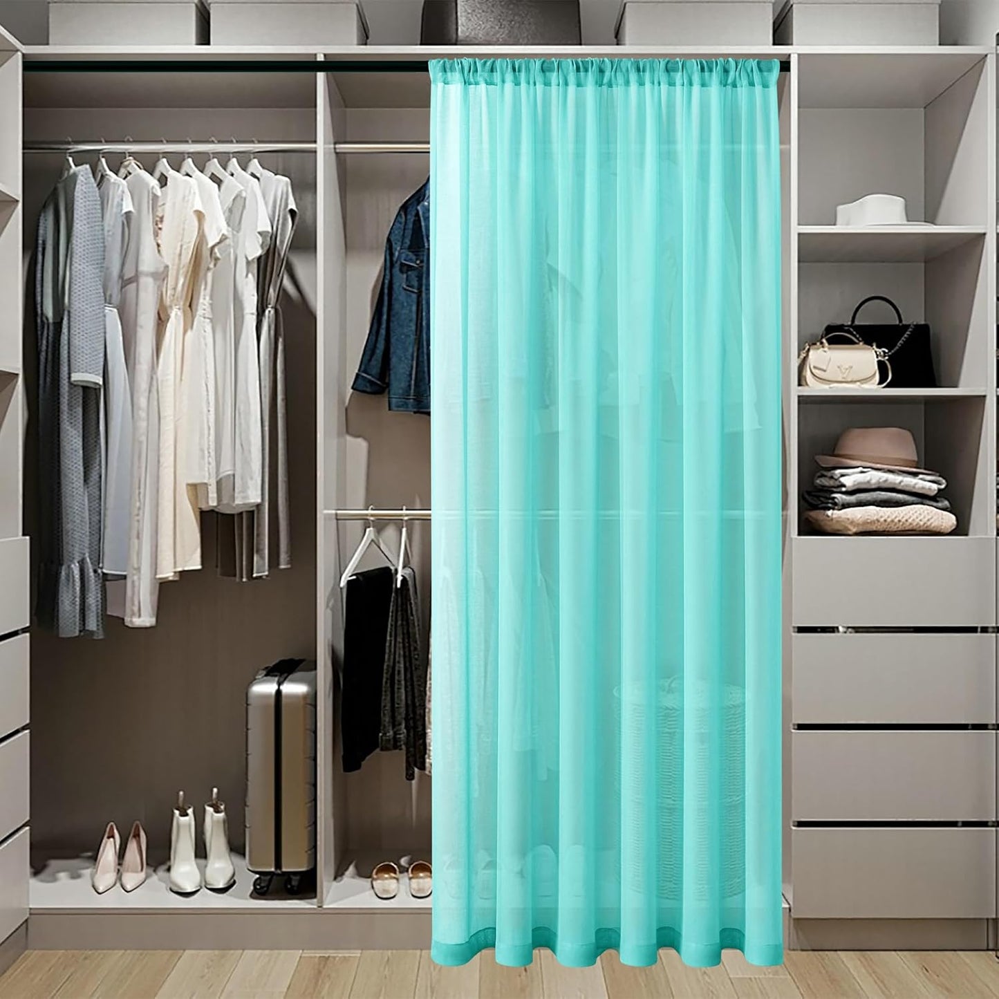 Tollpiz Short Sheer Door Curtains Closet Linen Textured Curtains Sheer Doorway Light Filtering Voile Patio Door Rod Pocket Curtain French Door, 54 x 40 inches Long, Aqua Blue, Set of 1 Panel