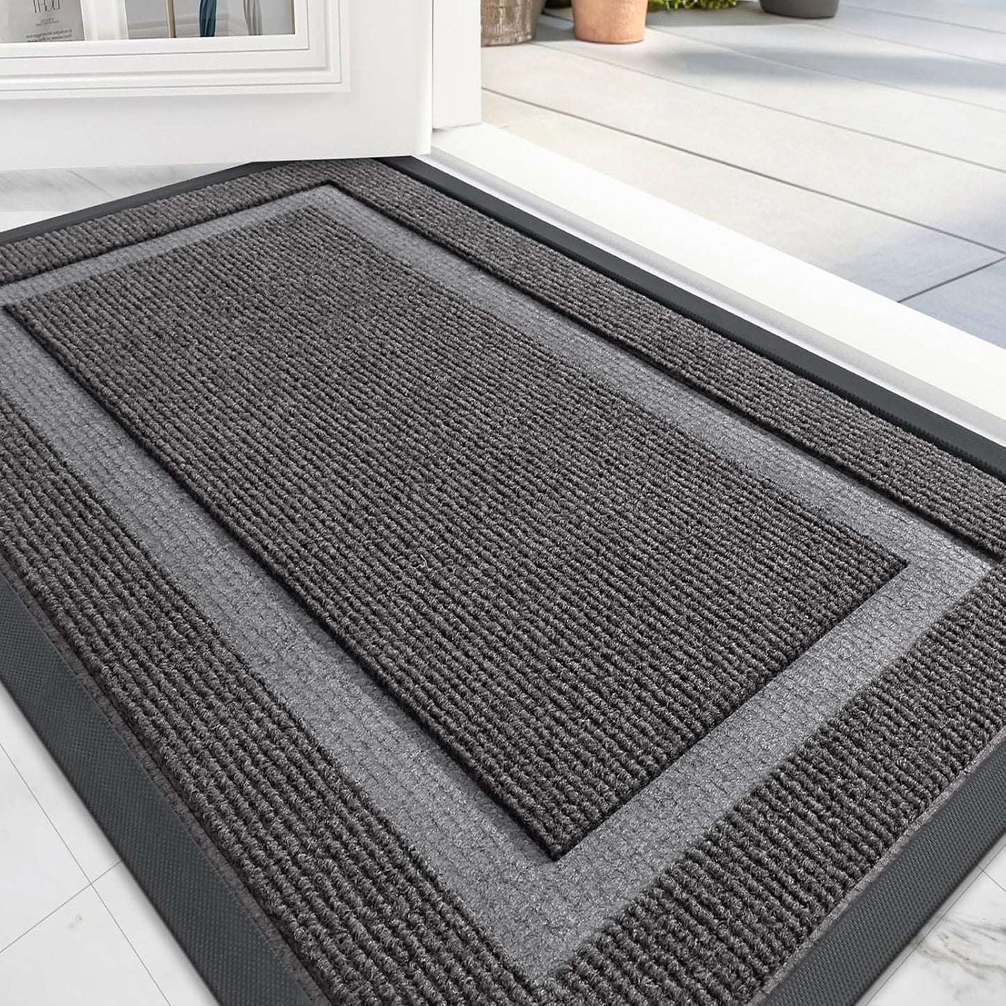OLANLY Front Door Mat Indoor Outdoor Entrance, Waterproof All-Season, All-Weather Doormat, Sturdy Natural Rubber, Fade Resistant, Low Profile, Easy Clean Patio Porch Entryway Mat, 35x23, Dark Grey