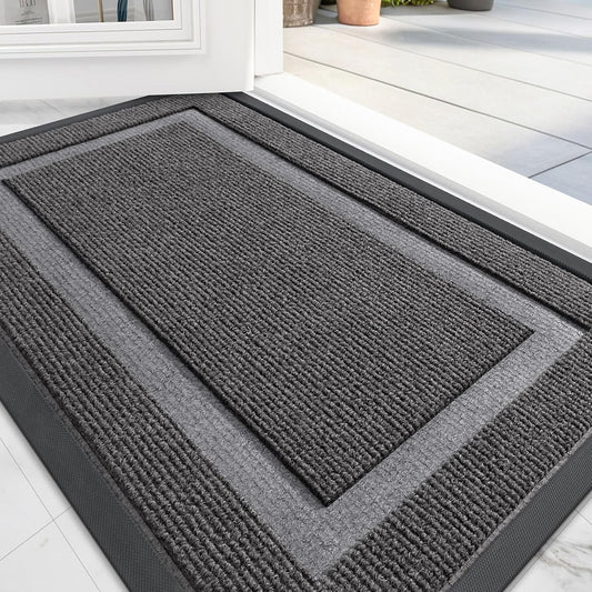 OLANLY Front Door Mat Indoor Outdoor Entrance, Waterproof All-Season, All-Weather Doormat, Sturdy Natural Rubber, Fade Resistant, Low Profile, Easy Clean Patio Porch Entryway Mat, 59x20, Dark Grey