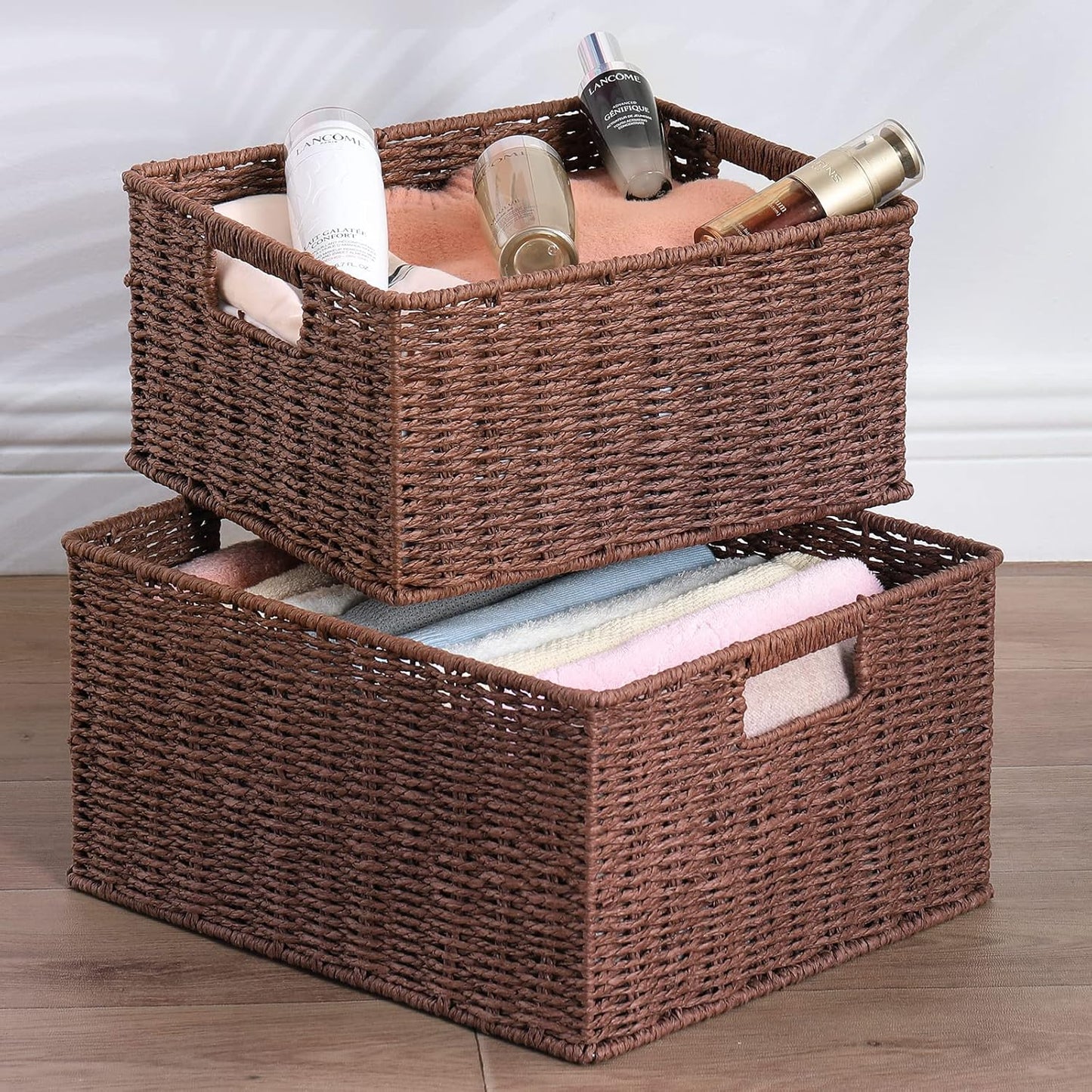 HOONEX Large Woven Storage Baskets, Paper Rope With Sturdy Metal Wire Frame, for Shelves, Set of 2, Dark Brown