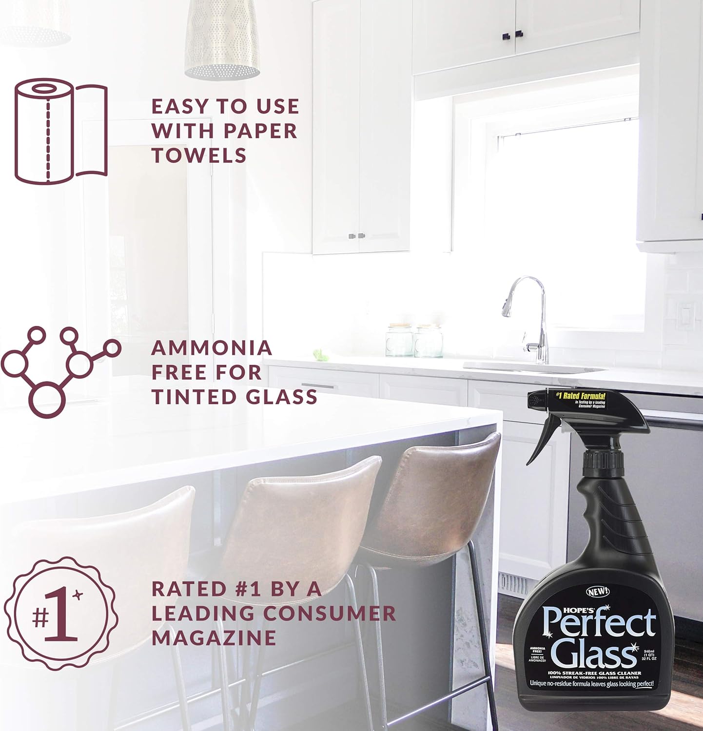 HOPE'S Perfect Glass Cleaner, Streak-Free, Ammonia-Free Window, Mirror, Screen, and Shower Door Cleaner, Indoor and Outdoor Glass Surfaces, 32 Fl Oz Spray Bottle and 67.6 Fl Oz Refill, Pack of 4