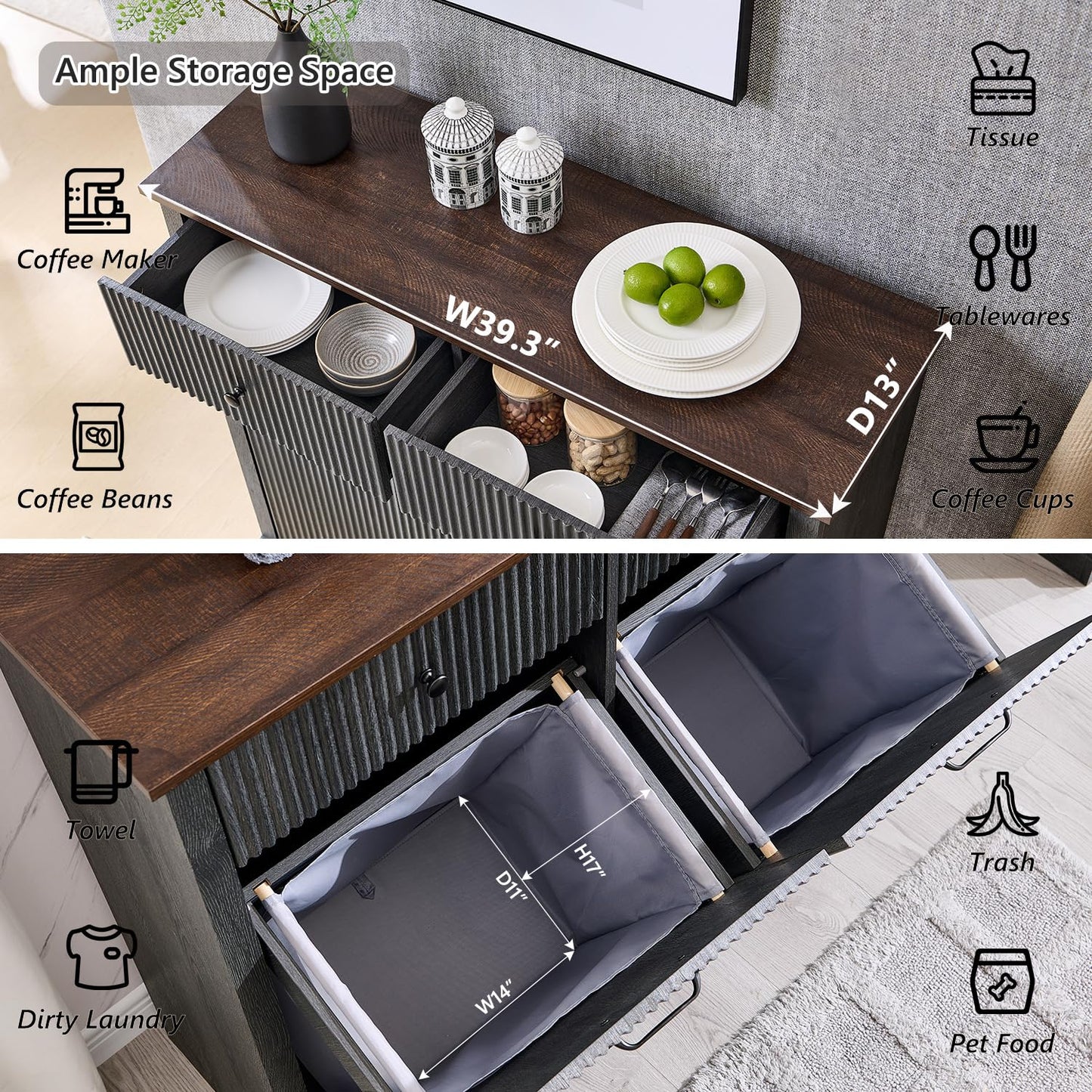 Modern Double Tilt-Out Trash Cabinet, 20 Gallon Fluted Laundry Hamper Cabinet with 2 Drawers, Wooden Hidden Garbage Can Cabinet with Storage Basket, Free Standing for Kitchen & Living Room, Grey