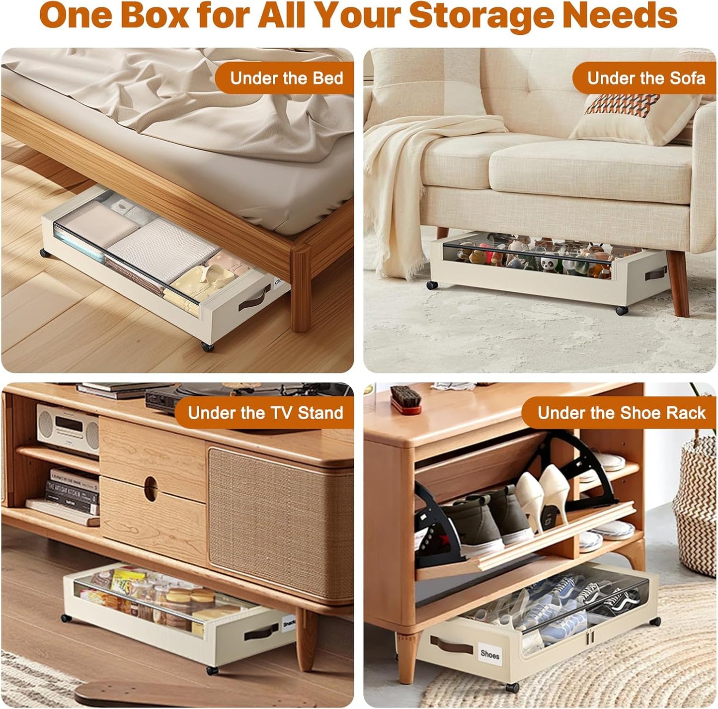 Under Bed Storage with Wheels, 4 Pack Under Bed Storage Containers with Clear Lids, XXL 60L Under-Bed Organizers for Clothes, Shoes – Durable Storage Bins with Smooth Rolling Wheels (White, 4 Pack)