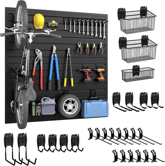 DoCred Slatwall Paneling Organizer, 4x4 FT PVC Garage Slat Wall Storage Systems, Heavy Duty Mounted Slat Peg Board for Tool Organization Ladder Bike Includes 27 PCS Hooks Accessories Kit (Black)