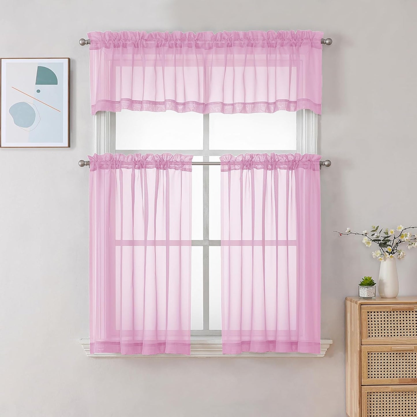 Chyhomenyc Sheer Valances for Windows 2 Pack, Small Window Curtains for Living Room Bathroom Cafe Laundry Basement, Modern Top Dual Rod Pocket Voile Curtain, 42W x 18L inches, Pink