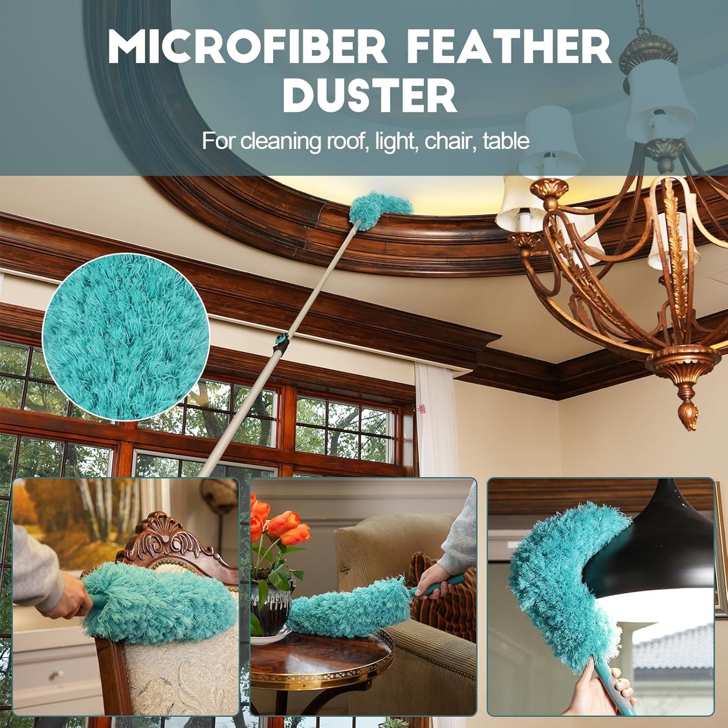 20 Foot High-Reach Duster Kit with 5-12FT Extendable Pole - High Ceiling Duster Cleaning Kit with Telescopic Pole,Cobweb Duster, Chenille Ceiling Fan Duster, Microfiber Feather Duster