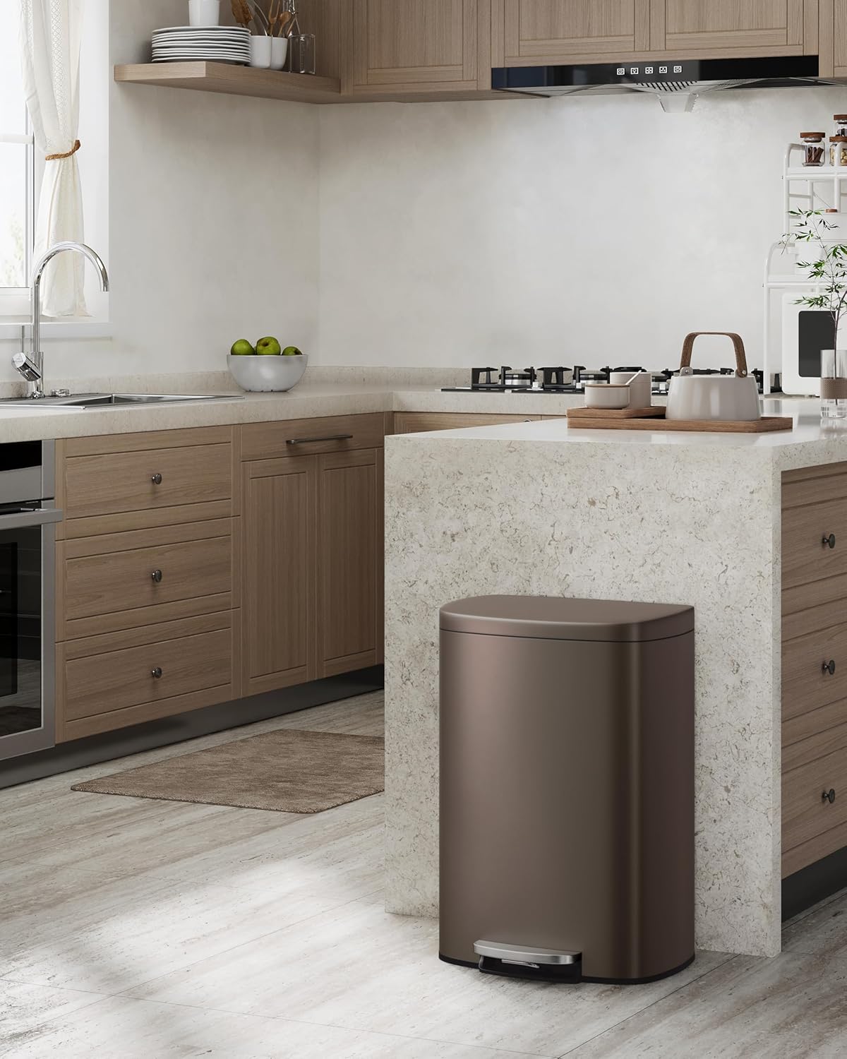 Garvee 13 Gal (50L) and 2.6 Gal (10L) Metal Trash Can Combo Set, Rustproof Garbage Can with Lid, Step-on Trash Bin with Inner Bucket, Rear Handle, Brown