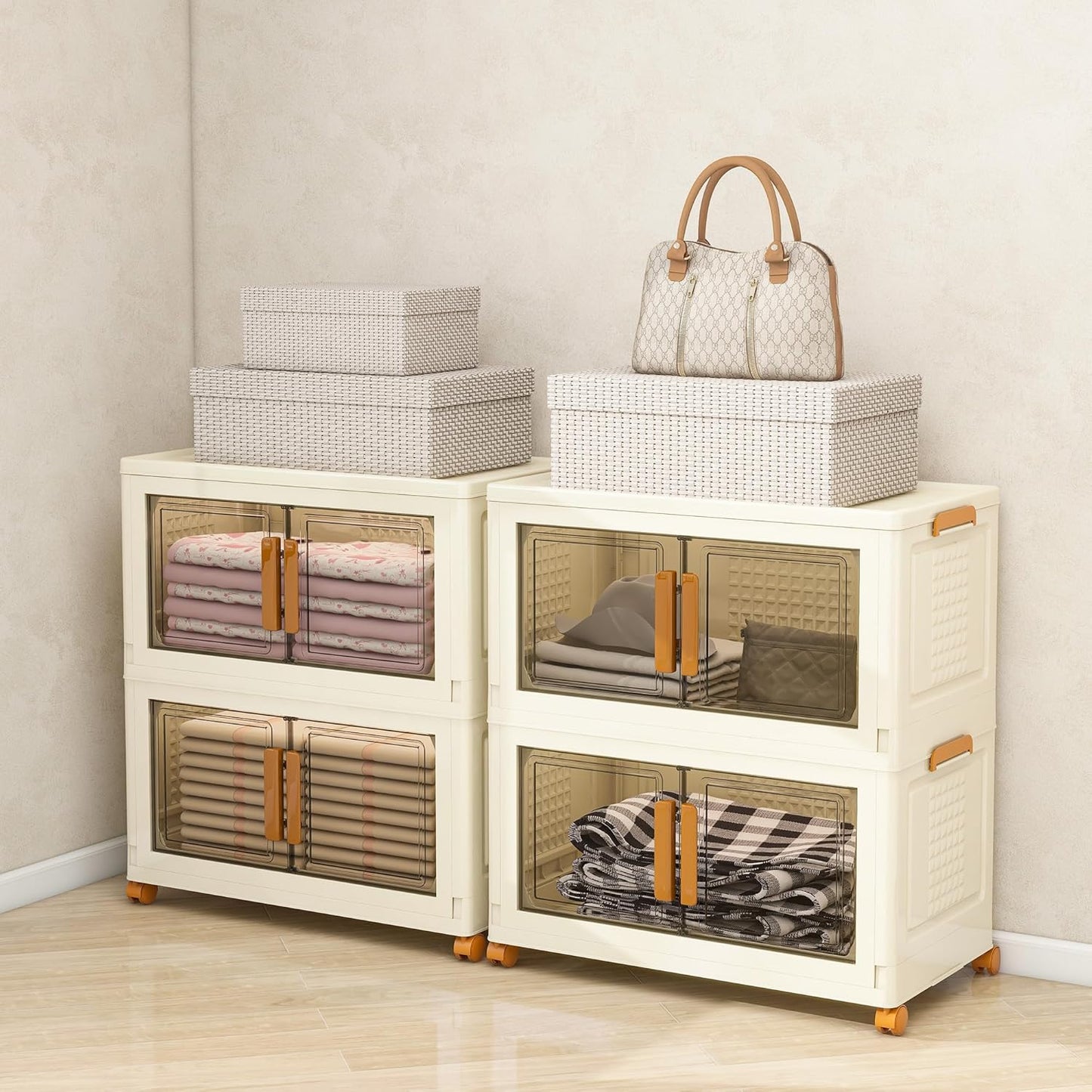 Plastic Stackable Storage Bins with Lids and Wheels, Foldable Closet Organizers and Storage Containers for Bathroom, Collapsible Clear Drawer Storage Cabinet with Doors White 22.4Gal 2Tiers