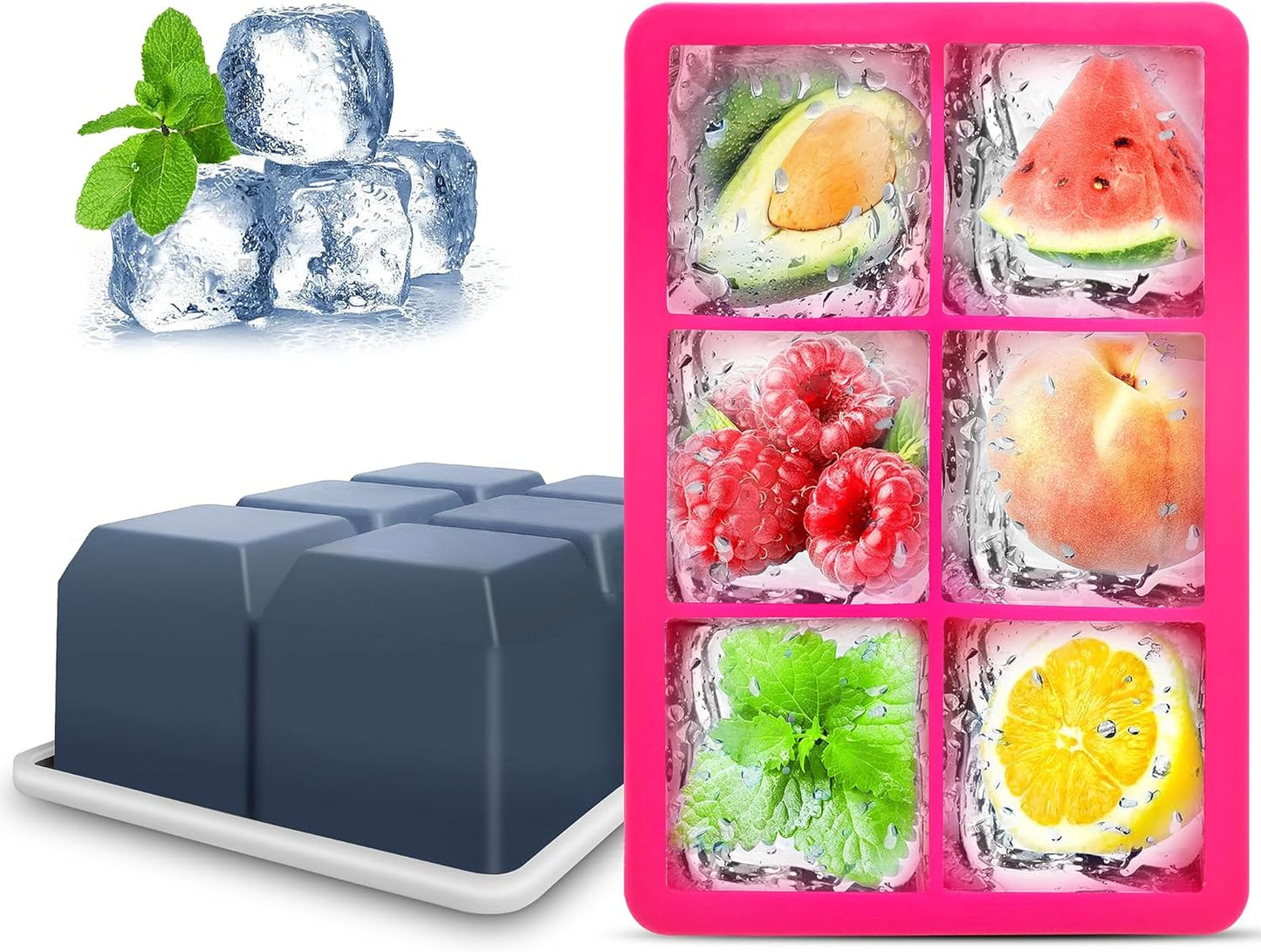 Silicone Ice Cube Trays with Lids,Large Square Ice Cube Molds for Freezer, Whiskey, Cocktail, Stackable Flexible and Reusable & Easy Release BPA Free (2 Pack&Dark Gray and Rose)