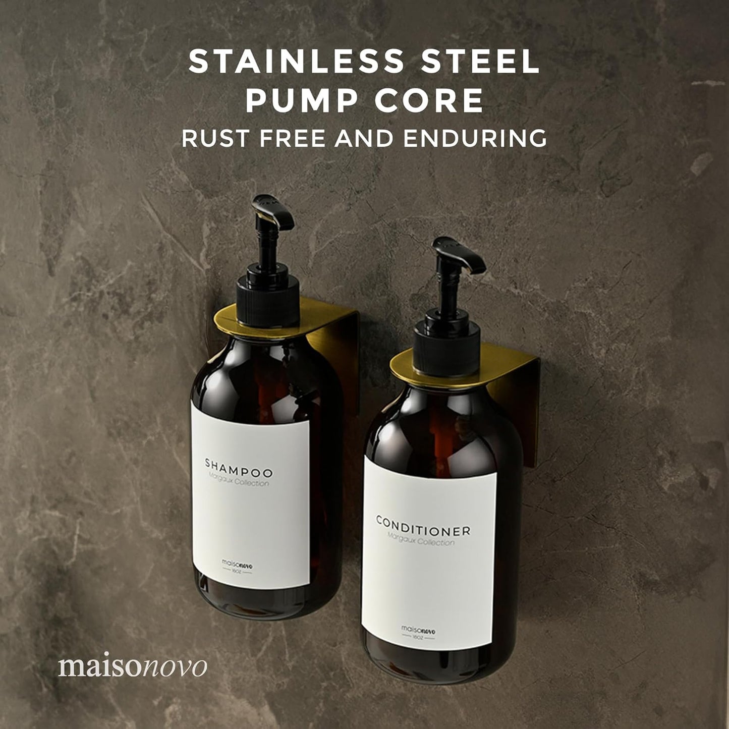 MaisoNovo Shampoo and Conditioner Dispenser - Shower Soap Dispenser Wall Mounted - 16.9 fl oz Set of 2 Amber Plastic Bottles Black Pump - 2 Chamber No Drill