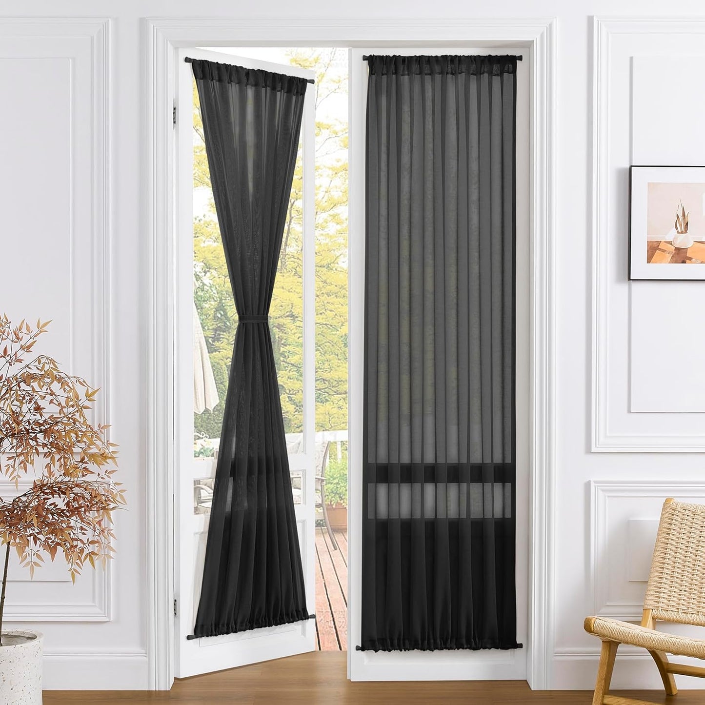 Tollpiz Sheer Curtain Closet Linen Textured Curtain Sheers Doorway Light Filtering Voile French Door Rod Pocket Curtains Patio Glass Door, 25 x 80 inches Long, Black, Set of 1 Panel