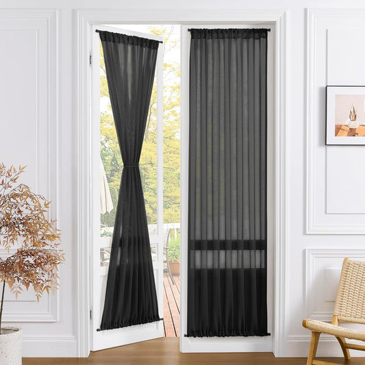Tollpiz Sheer Curtain Closet Linen Textured Curtain Sheers Doorway Light Filtering Voile French Door Rod Pocket Curtains Patio Glass Door, 25 x 80 inches Long, Black, Set of 1 Panel