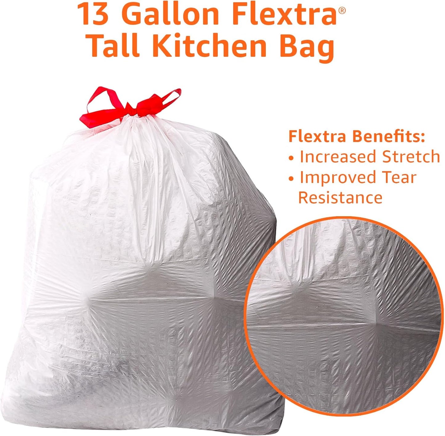 Amazon Basics 13 Gallon Flextra Strength Tall Kitchen Drawstring Trash Bags, Clean Fresh Scnet, Tear Resistant, 10% Post Consumer Recycled, 120 Count