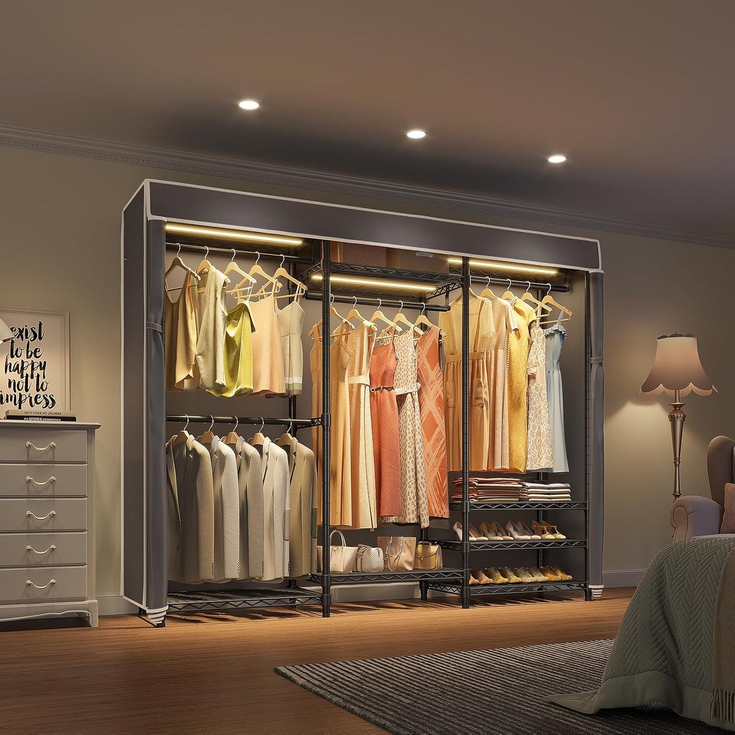 VIPEK V5LC Garment Rack Heavy Duty Covered Clothes Rack with Dimmable LED Lights, 3000K Warm White, Portable Closet Wardrobe Freestanding Clothing Rack for Hanging Clothes, Black Rack with Grey Cover