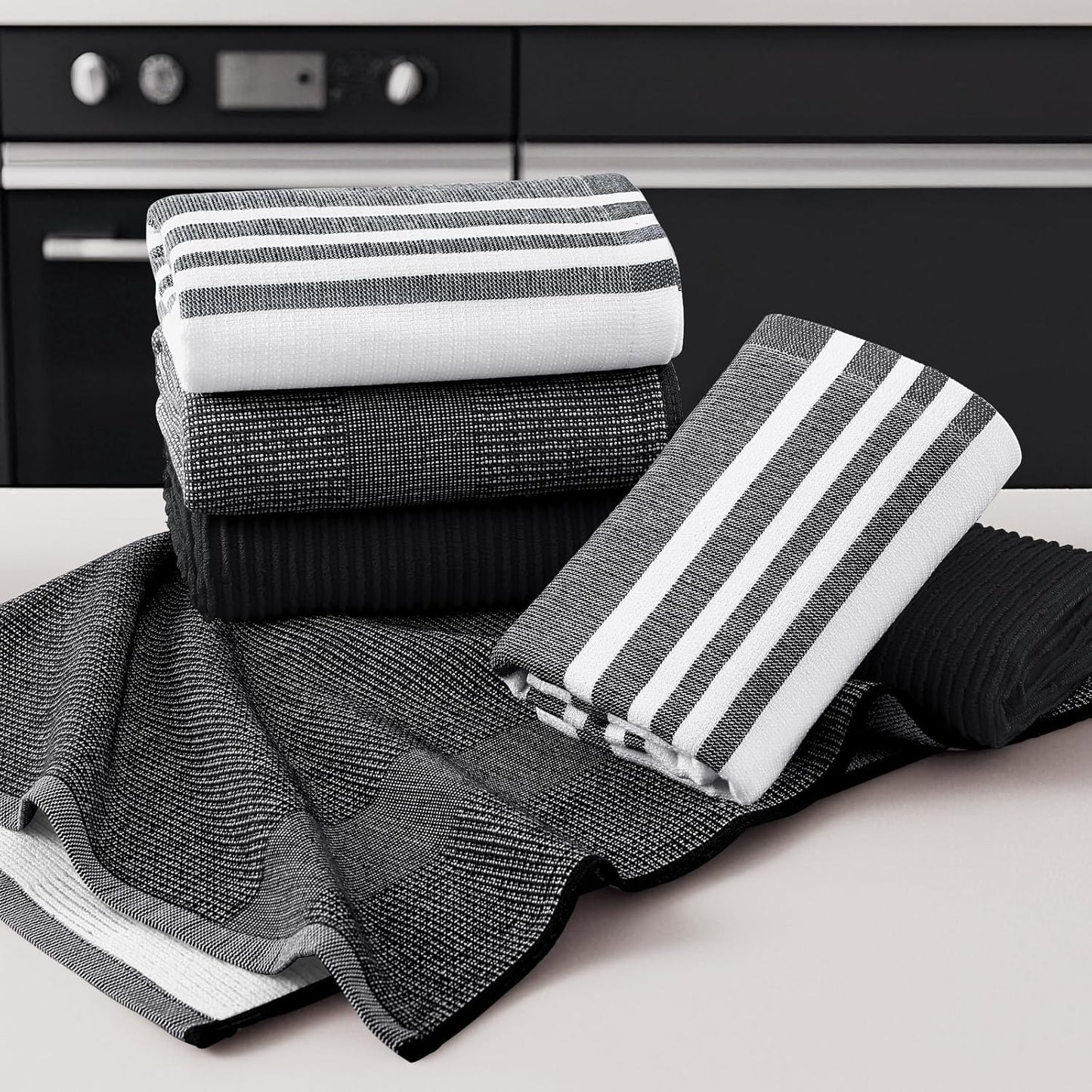 Homaxy Premium Kitchen Towels(18”x 28”, 3 Pack), Large Cotton 380 GSM Kitchen Hand Towels, Soft and Absorbent Terry Dish Towels, Multipurpose Tea Towel Set with Hanging Loop, Black