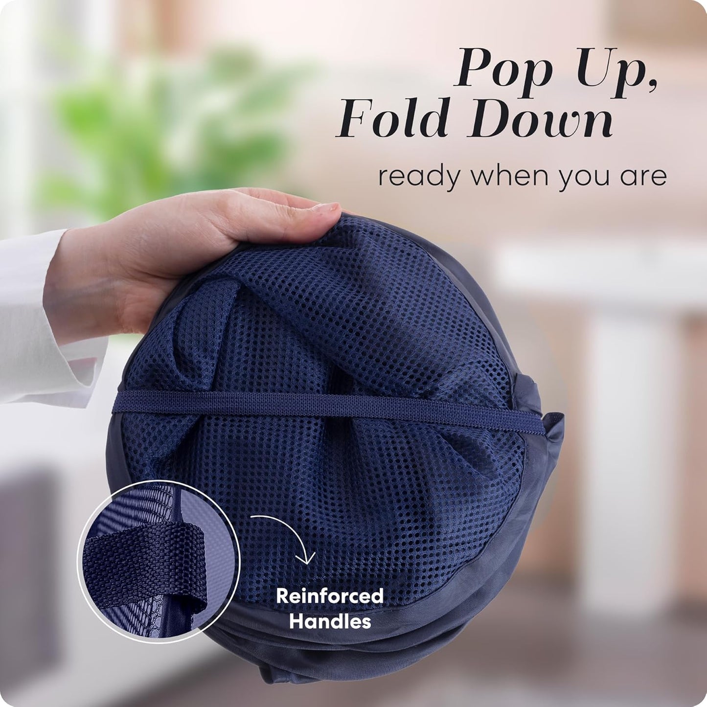 Handy Laundry Collapsible Mesh Pop Up Hamper with Wide Opening and Side Pocket - Breathable, Sturdy, Foldable, and Space-Saving Design for Clothes and Storage (Blue | 2-Pack)
