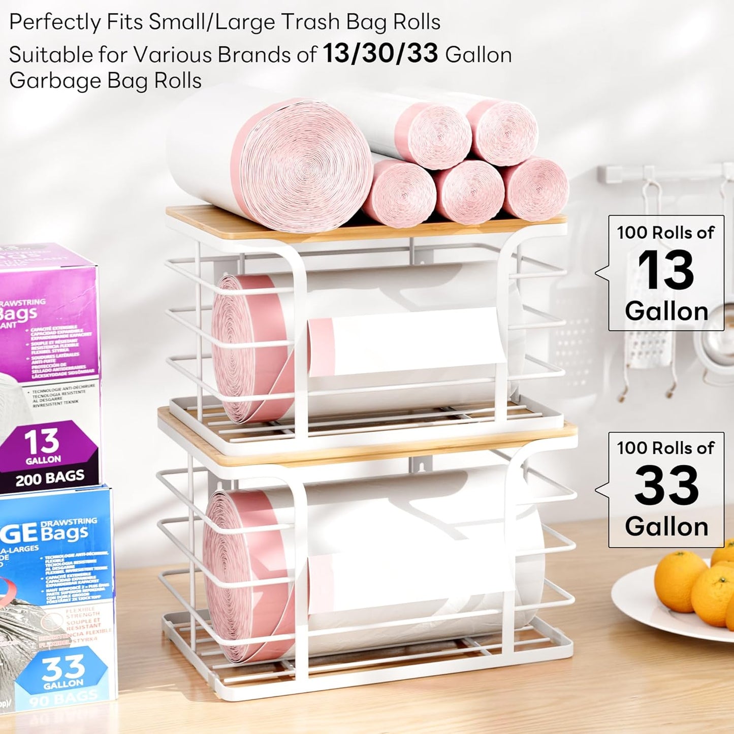 2 Pack Extra Large Stackable Pantry Organizer,Wall Mount Garbage Bag Holder Dispenser with Bamboo Top for Kitchen Laundry Room Organization,White