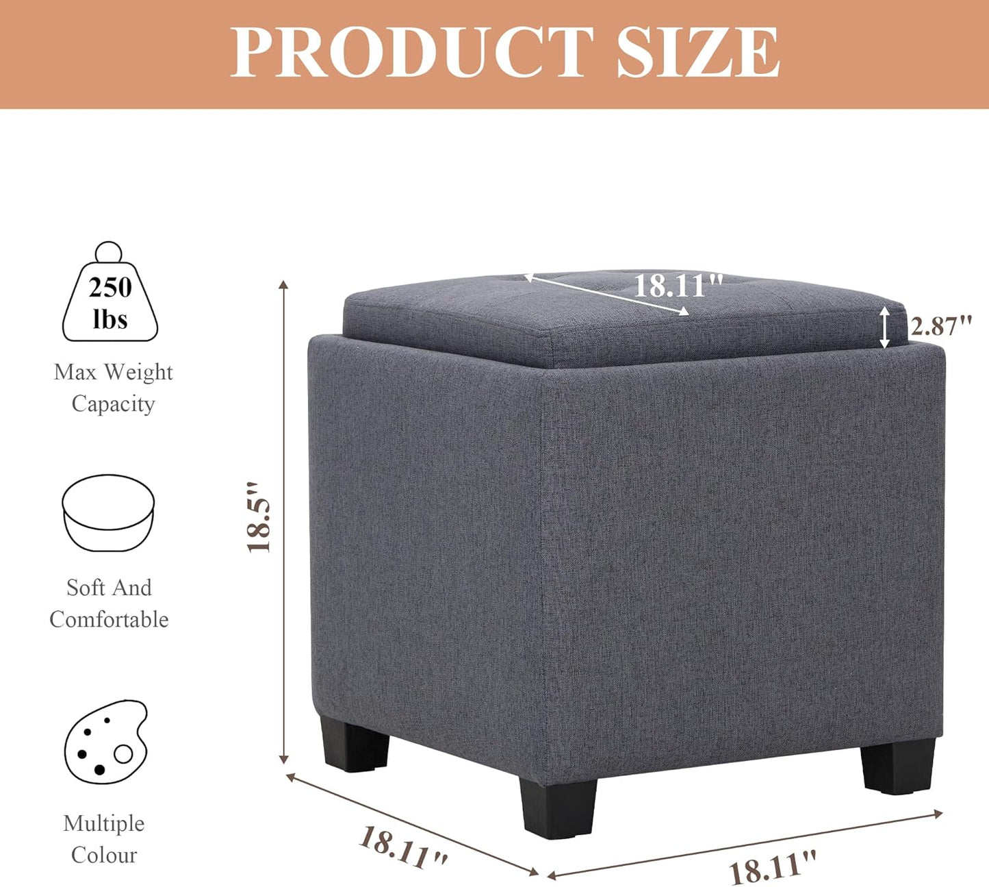 COLAMY Fabric Square Storage Ottoman with Reversible Tray Lid – Multi-Functional Footrest, Hidden Storage, Sturdy & Stylish Small Coffee Table for Living Room, Bedroom, or Entryway(Grey)