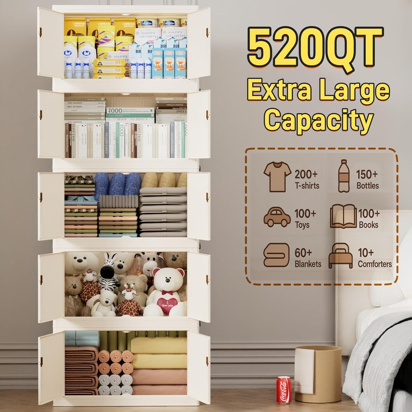 520QT/130GAL Stackable Storage Bins with 1 lid Storage Closet Organizers and Drawer Foldable Storage Bins Container with door Collapsible Storage Box for Home Office Dorm Room(104Qt X 5),White