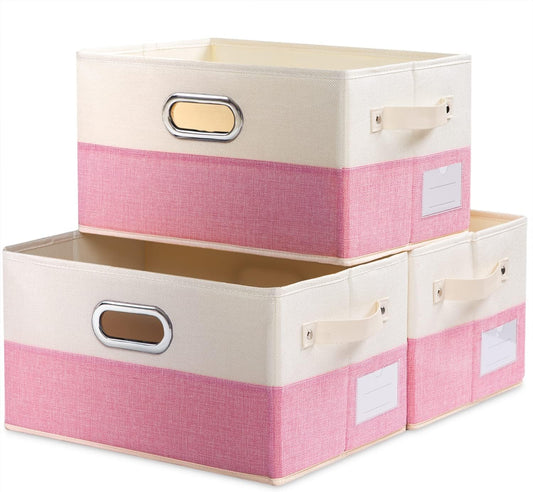 PRANDOM Large Collapsible Storage Baskets for Closet [3-pack] Decorative Fabric Storage Bins Cubes with Leather/Metal Handles for Shelves Bedroom Living Room Pink&Cream (14.9x9.8x8.3 Inch)