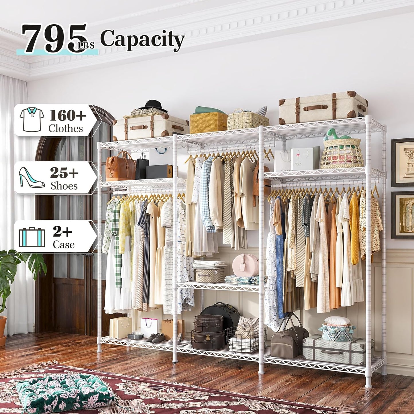 Raybee Clothes Rack Heavy Duty Load 795LBS Adjustable Clothing Racks for Hanging Clothes Garment Rack, 56" W X16 D X 75.5" H White